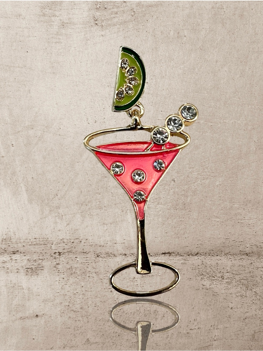 Gold-Tone Pink Martini Slide Pendant with Green Lime Accent & Rhinestones